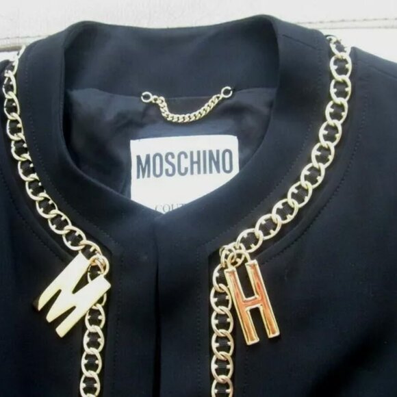 Moschino Black Jacket Gold Chain Logo LetterS TRIM Couture Italian IT40 USA 6 - Picture 11 of 13